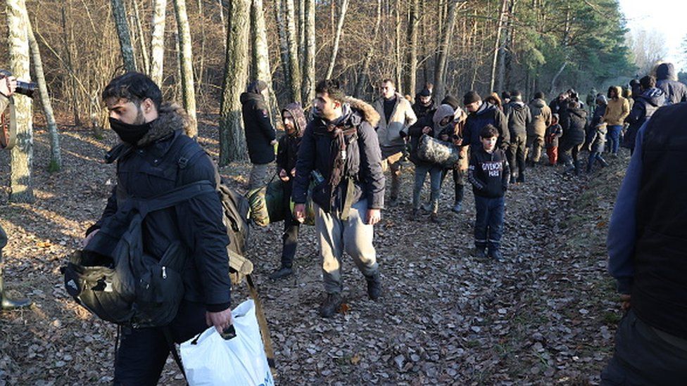 Migrants at the Belarus border (BBC News)